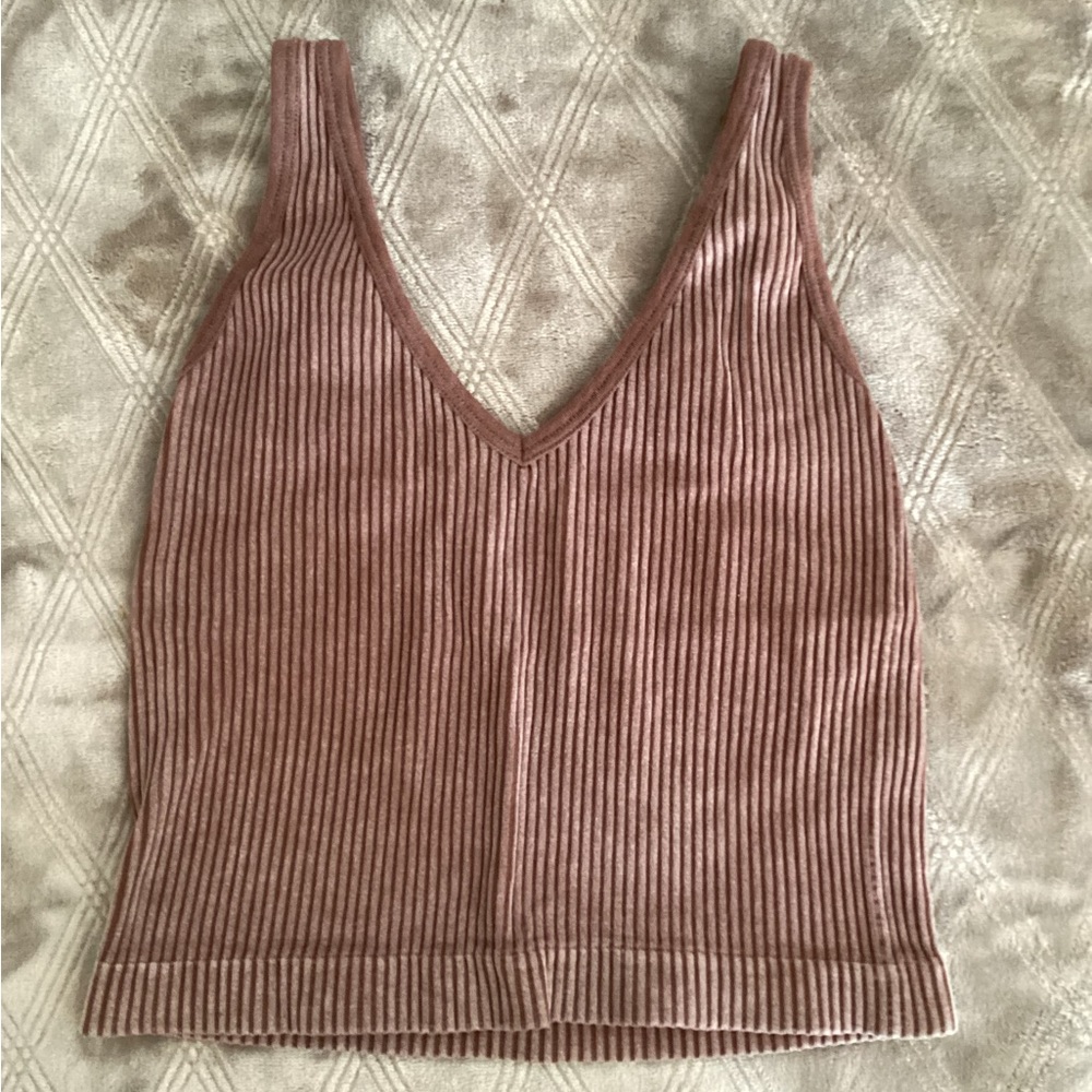 Brown Ribbed V-Neck Tank Top